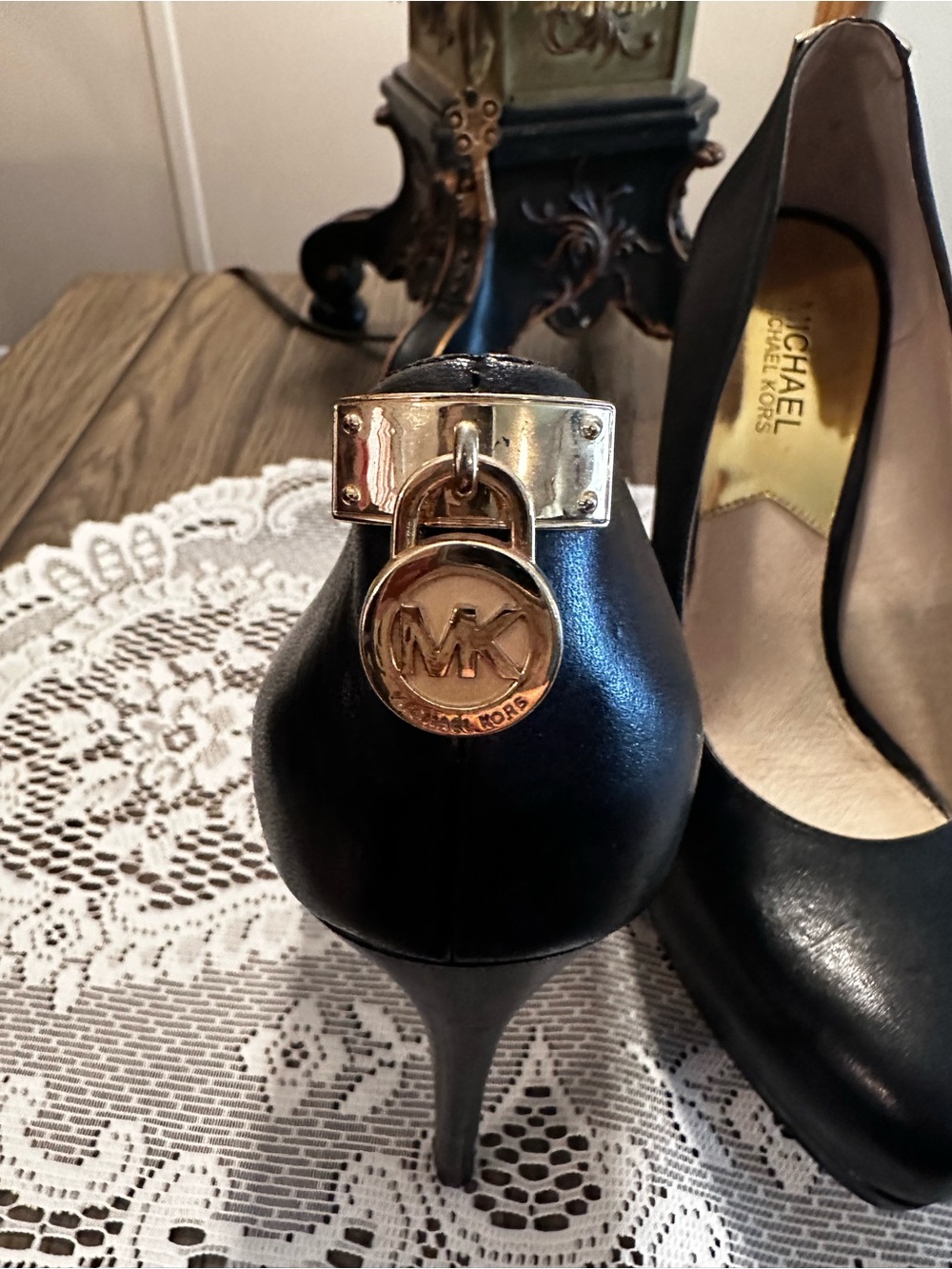 Michael Kors Black Leather High Heel Pumps with Gold MK Logo Charm